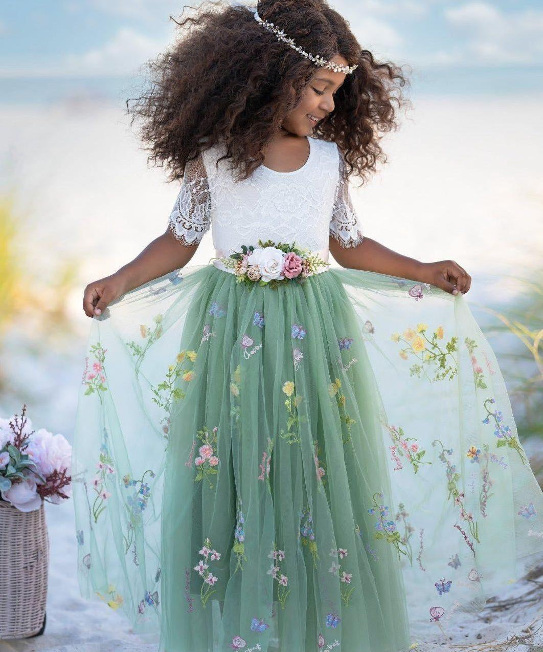 Short Sleeve floral embroidered flower girl dress with sage green tulle skirt and white lace bodice. 