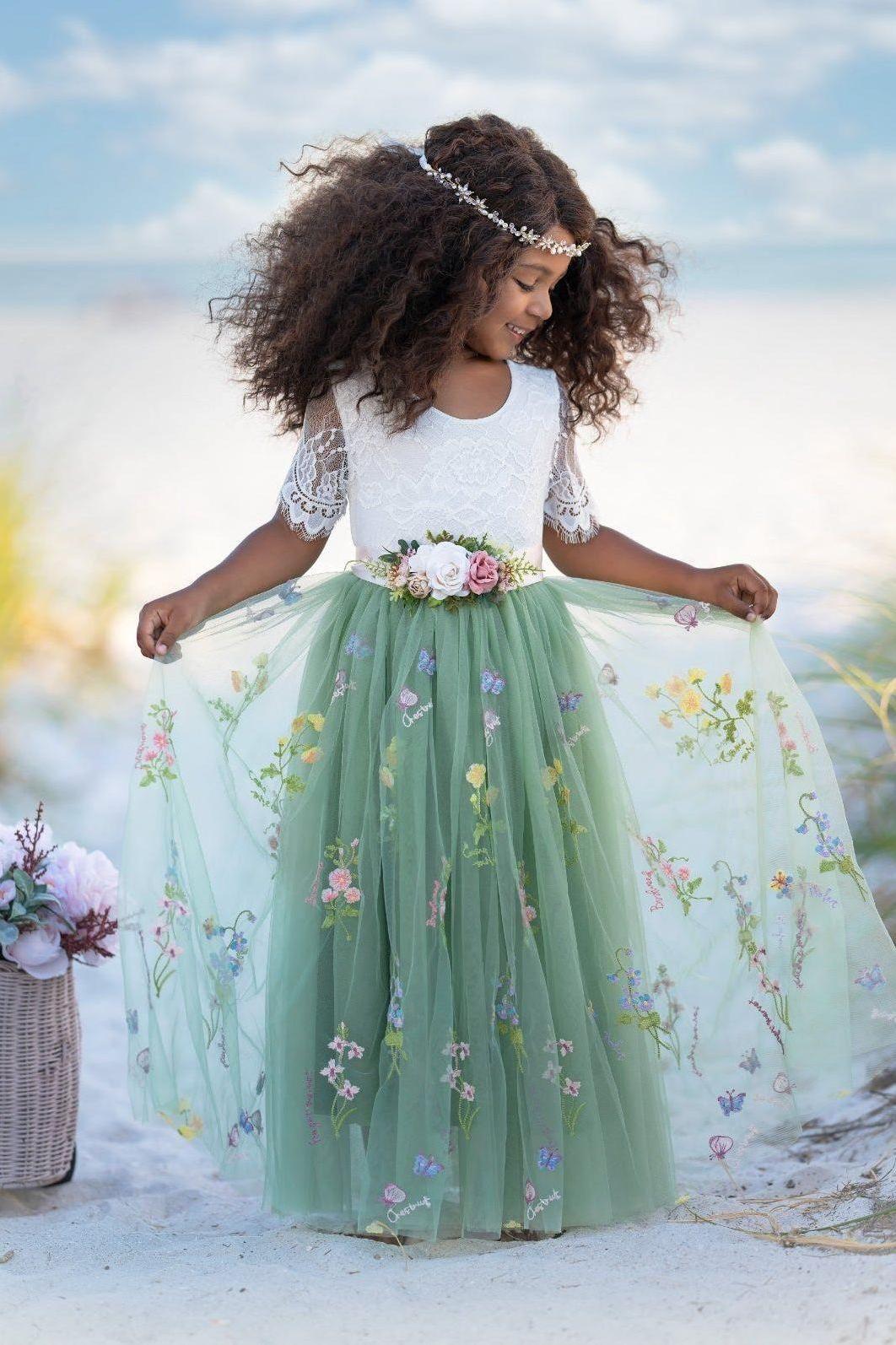 Short Sleeve floral embroidered flower girl dress with sage green tulle skirt and white lace bodice. 