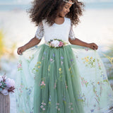 Short Sleeve floral embroidered flower girl dress with sage green tulle skirt and white lace bodice. 