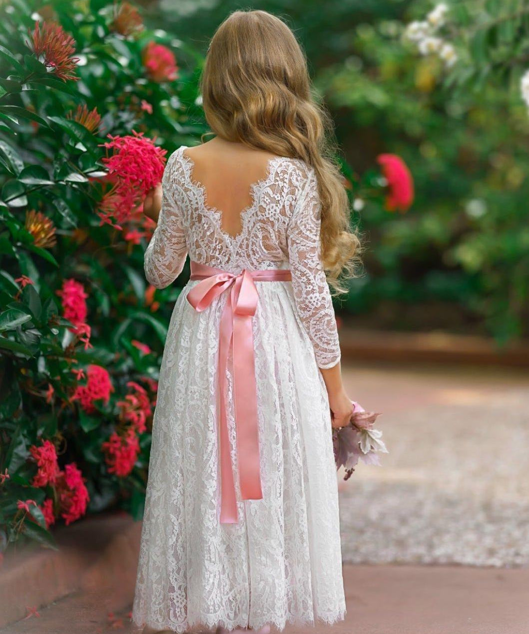 Long Sleeve Lace Flower Girl Dress - The Little Kitten Boutique