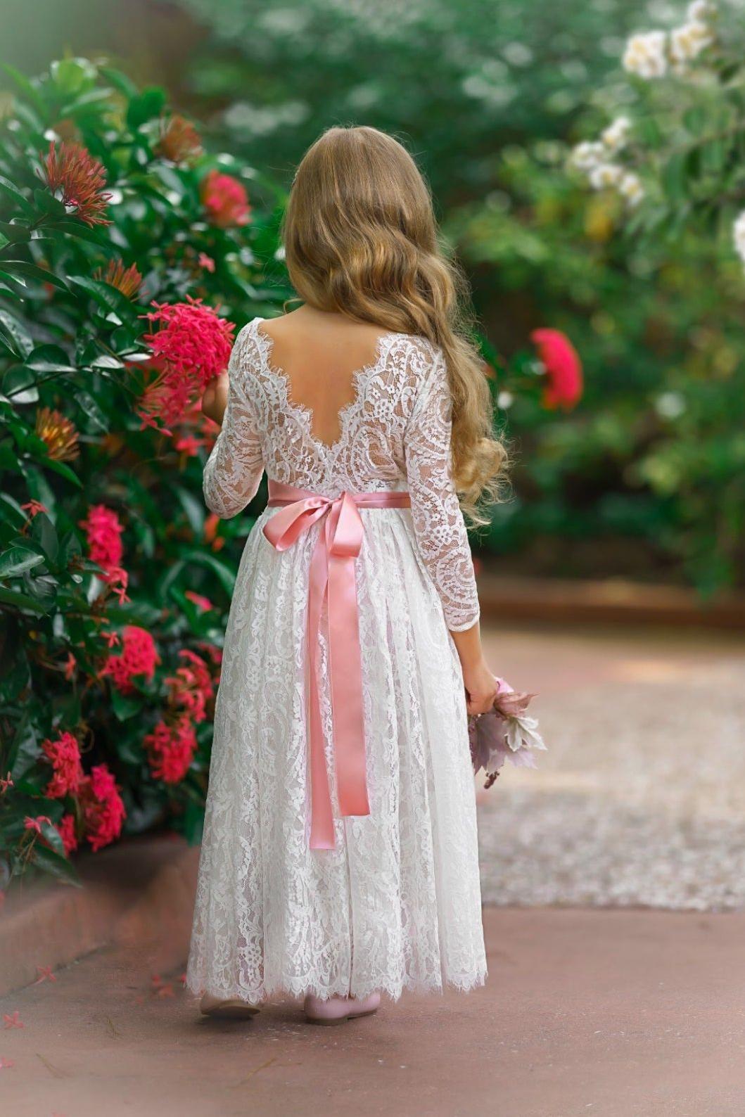 Long Sleeve Lace Flower Girl Dress - The Little Kitten Boutique