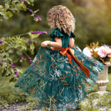 Forest Green Velvet Flower Girl Dresses - Embroidered Tulle