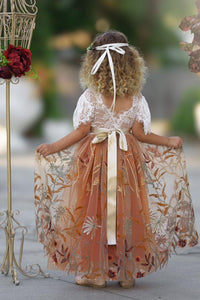 Burnt Orange Floral Embroidered Short Sleeve Flower Girl Dress - The Little Kitten Boutique