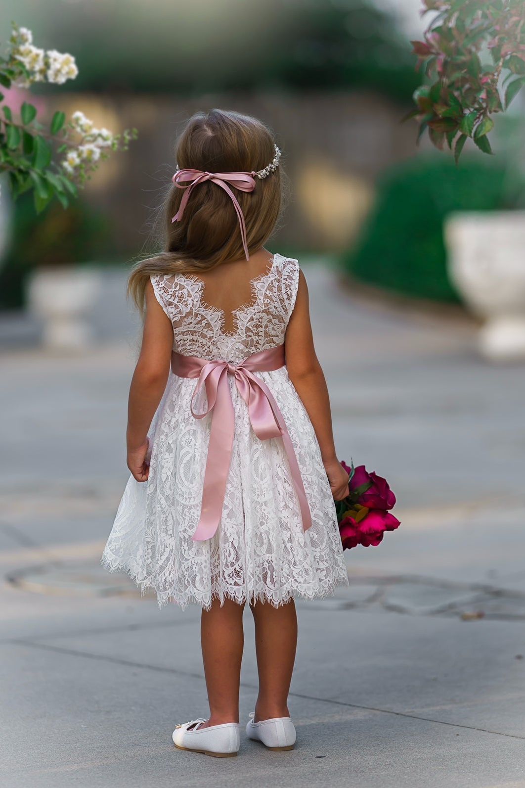 Sleeveless Knee-Length Lace Flower Girl Dress - White or Ivory - The Little Kitten Boutique