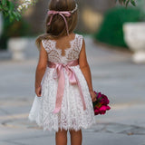 Sleeveless Knee-Length Lace Flower Girl Dress - White or Ivory - The Little Kitten Boutique