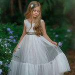 White Sleeveless Lace and Tulle Flower Girl Dress- Mermaid Style Bottom - The Little Kitten Boutique