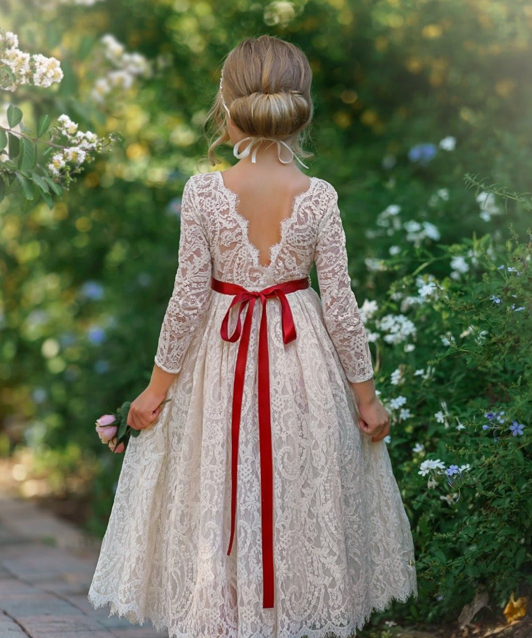 Long Sleeve Lace Flower Girl Dress - The Little Kitten Boutique