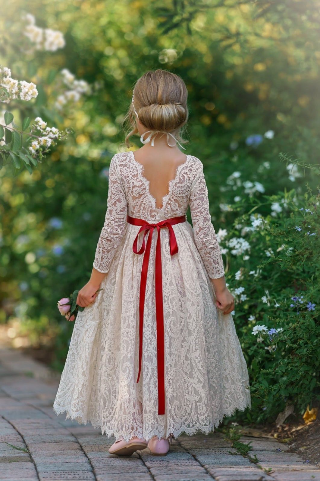 Long Sleeve Lace Flower Girl Dress - The Little Kitten Boutique