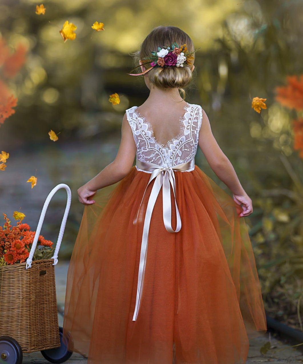 Sleeveless Burnt Orange Tulle and Lace Flower Girl Dress-magical fall dress - The Little Kitten Boutique