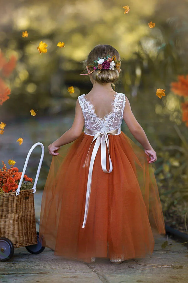 Sleeveless Burnt Orange Tulle and Lace Flower Girl Dress-fall dress 4 / Burnt Orange / Flower Sash