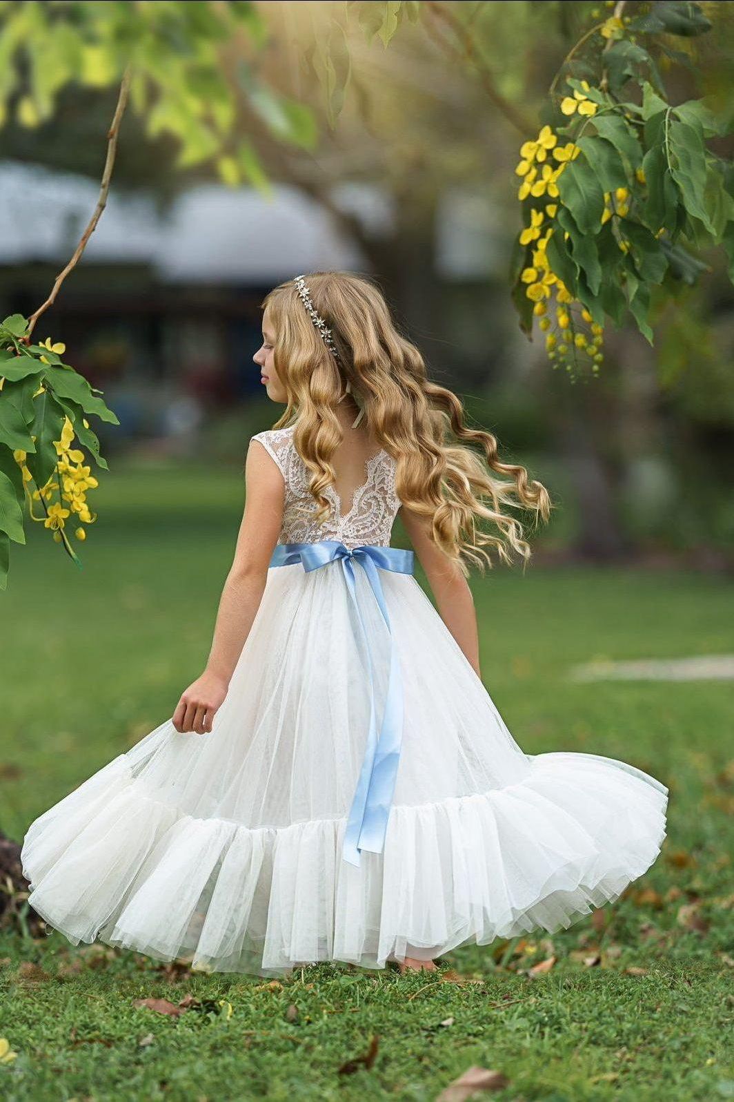 Sleeveless Ivory Lace and Tulle Flower Girl Dress with Layer - The Little Kitten Boutique