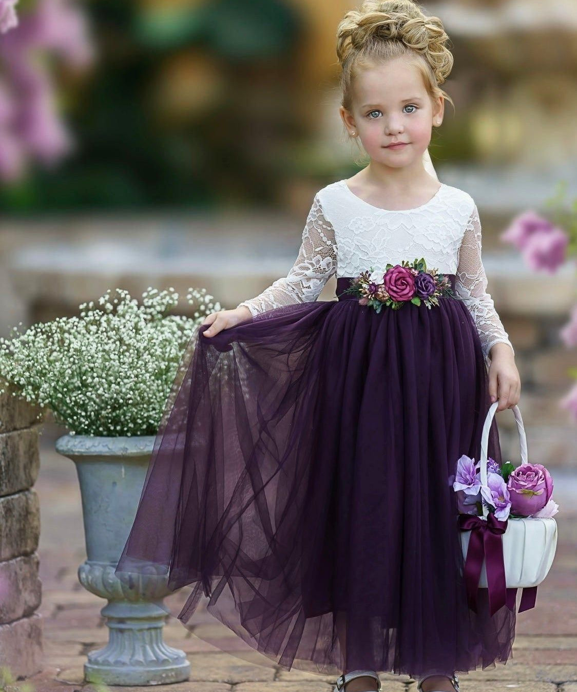 Long Sleeve Eggplant Tulle and White Lace Flower Girl Dress - The Little Kitten Boutique