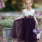 Long Sleeve Eggplant Tulle and White Lace Flower Girl Dress - The Little Kitten Boutique