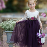 Long Sleeve Eggplant Tulle and White Lace Flower Girl Dress - The Little Kitten Boutique