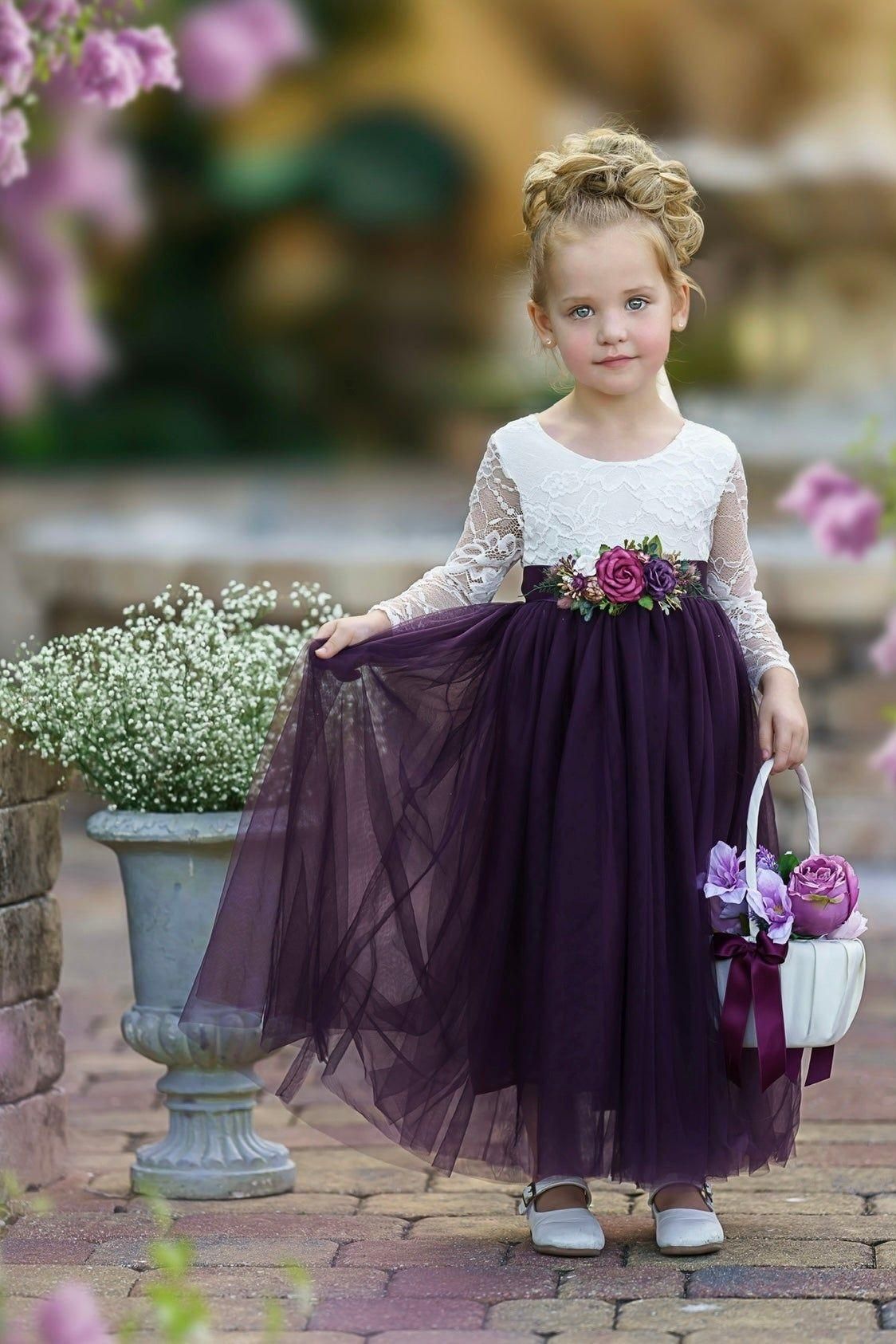 Long Sleeve Eggplant Tulle and White Lace Flower Girl Dress - The Little Kitten Boutique