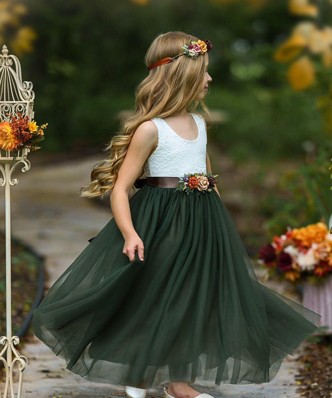 Sleeveless Olive Green Flower Girl Dress - The Little Kitten Boutique