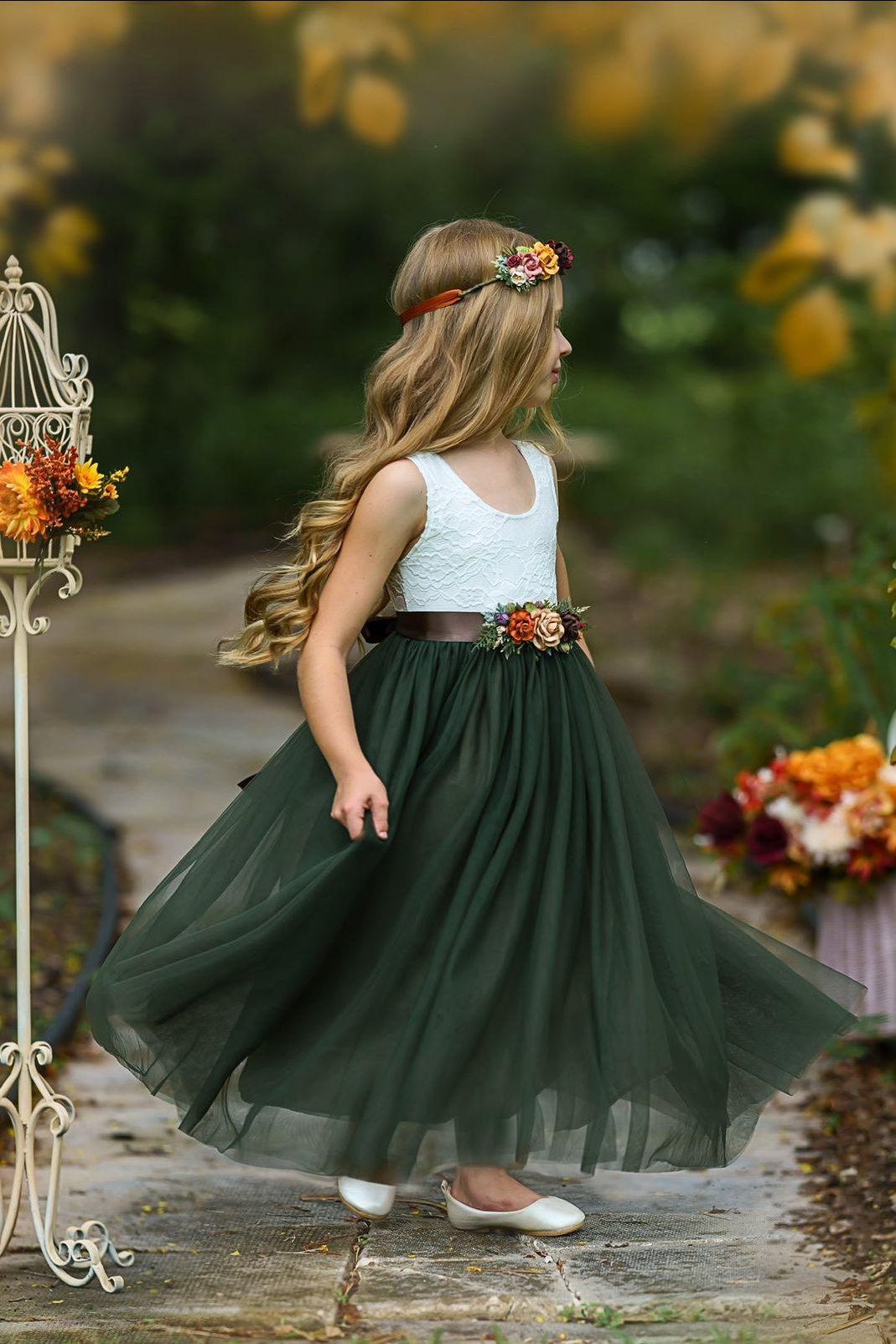 Sleeveless Olive Green Flower Girl Dress - The Little Kitten Boutique