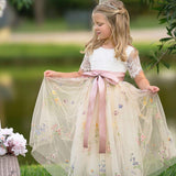 Toddler and junior bridesmaids dress with wildflower floral embroidered tulle skirting. The Best Flower Girl Dress this season.