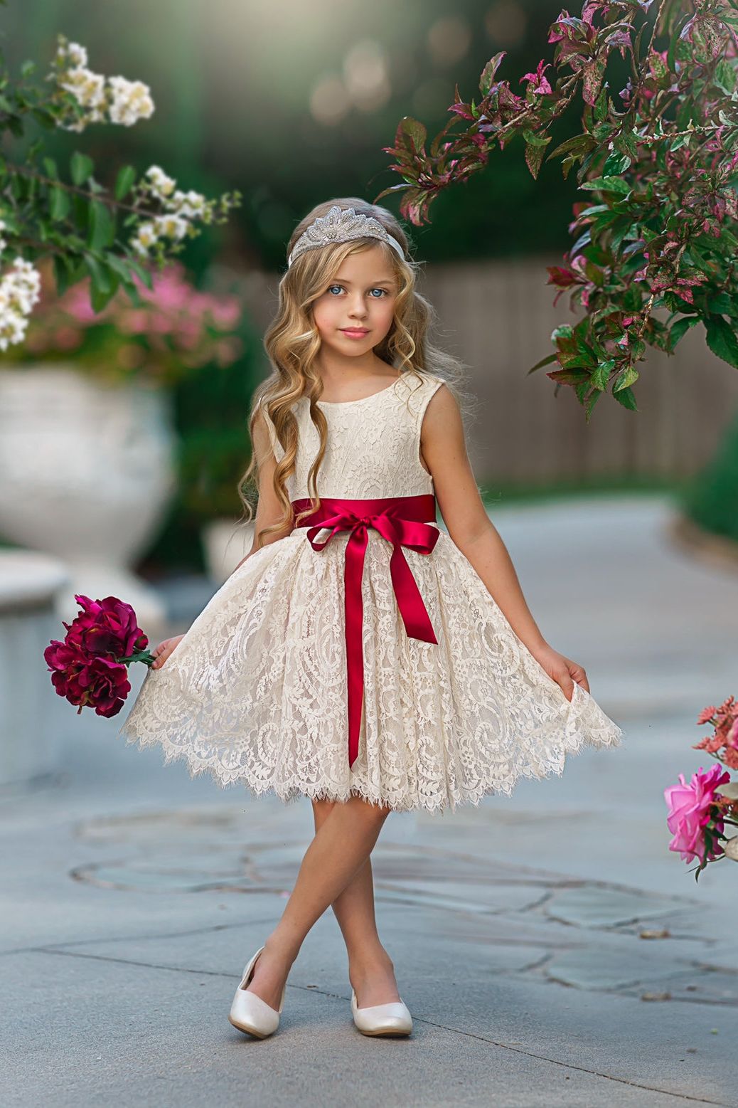 Sleeveless Knee-Length Lace Flower Girl Dress - White or Ivory - The Little Kitten Boutique