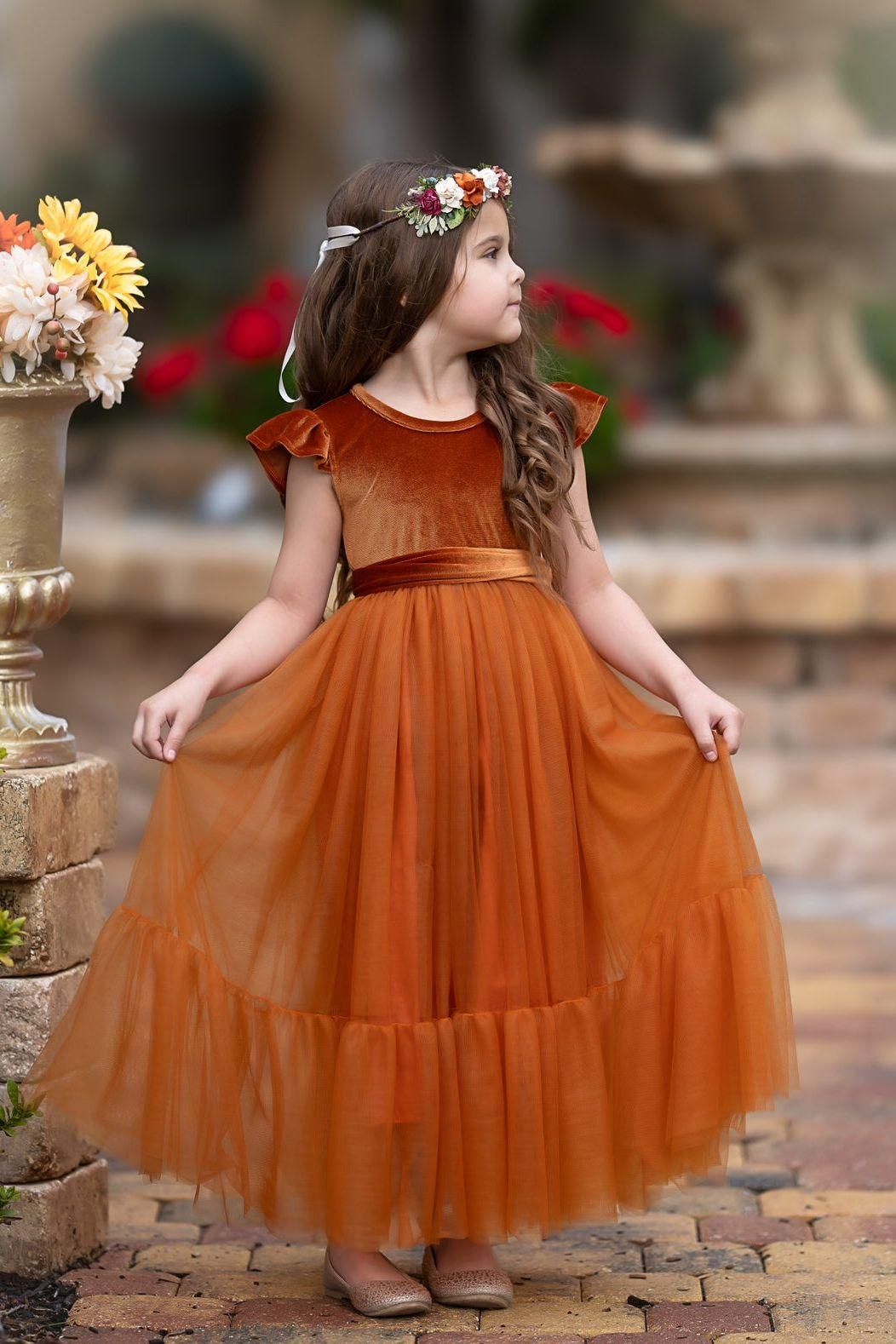 Burnt Orange Velvet and Tulle Flower Girl Dress - The Little Kitten Boutique