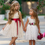 Antique Ivory and Off White Sleeveless Knee Length Lace Flower Girl Dresses - The Little Kitten Boutique