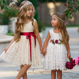 Antique Ivory and Off White Sleeveless Knee Length Lace Flower Girl Dresses - The Little Kitten Boutique