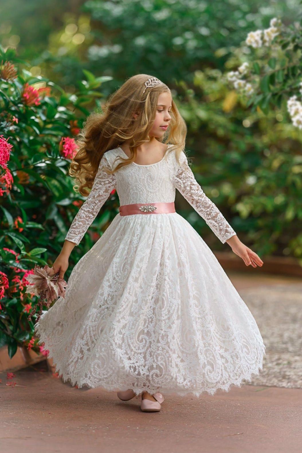 Long Sleeve Lace Flower Girl Dress - The Little Kitten Boutique