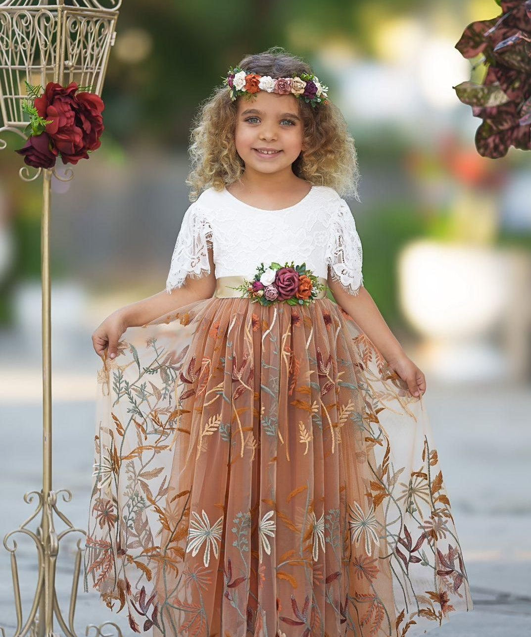 Burnt Orange Floral Embroidered Short Sleeve Flower Girl Dress - The Little Kitten Boutique