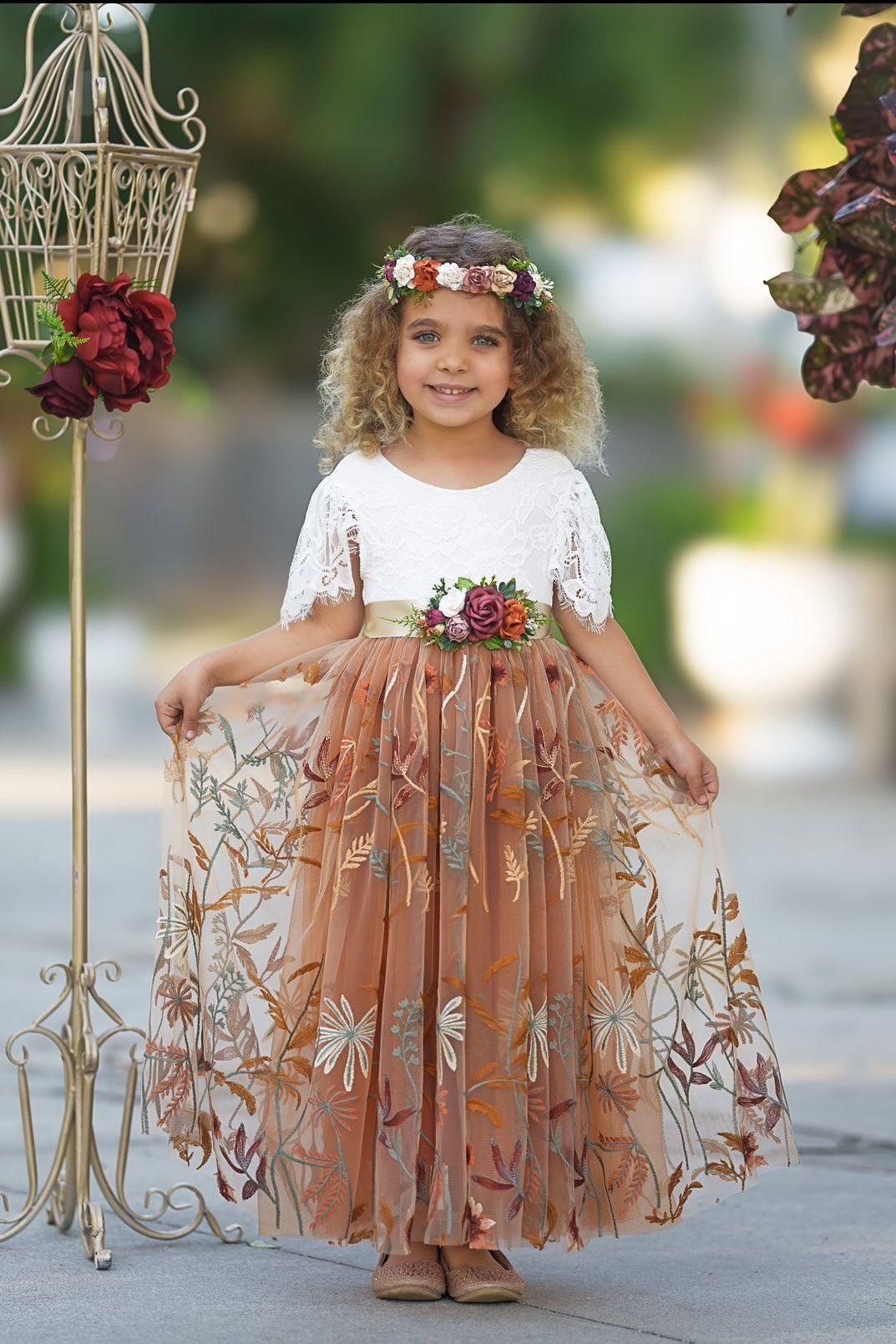 Burnt Orange Floral Embroidered Short Sleeve Flower Girl Dress - The Little Kitten Boutique