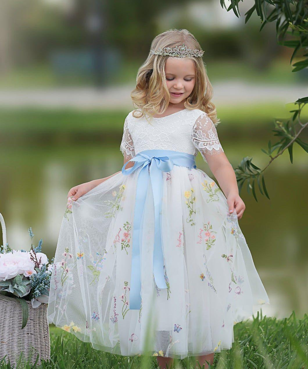 Short Sleeve floral embroidered wildflower white tulle flower girl dress. Makes the perfect toddler flower girl dress and junior bridesmaids dress 