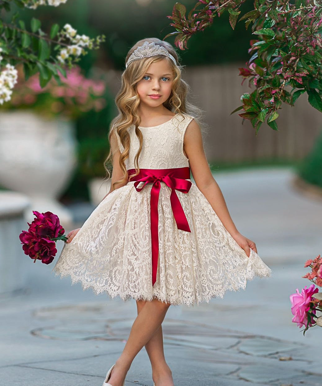 Sleeveless Knee Length Lace Flower Girl Dress - The Little Kitten Boutique