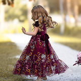 Burgundy Velvet Ruffle Sleeve Flower Girl Dress- Floral Embroidered Tulle Skirting