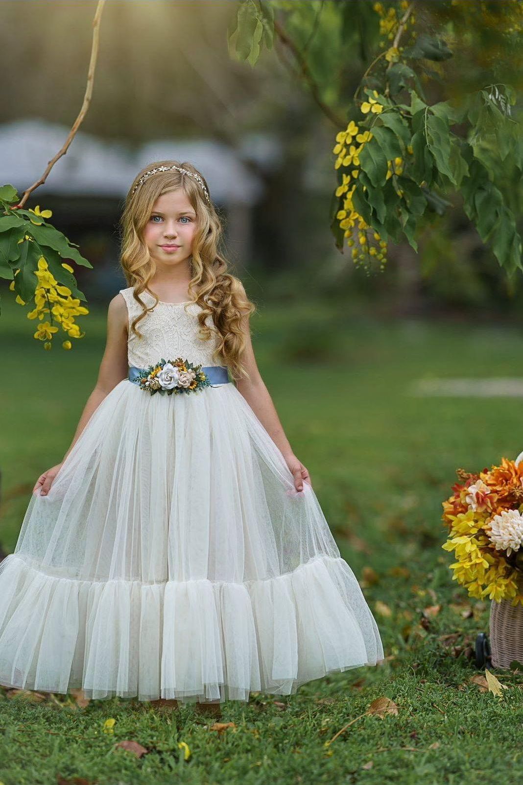 Sleeveless Ivory Lace and Tulle Flower Girl Dress with Layer - The Little Kitten Boutique