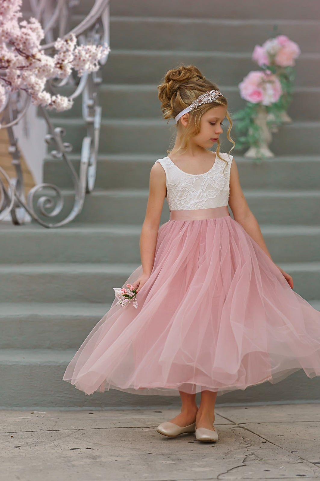 Sleeveless Lace and Tulle Flower Girl Dresses / Girls Special Occasion Dresses - The Little Kitten Boutique