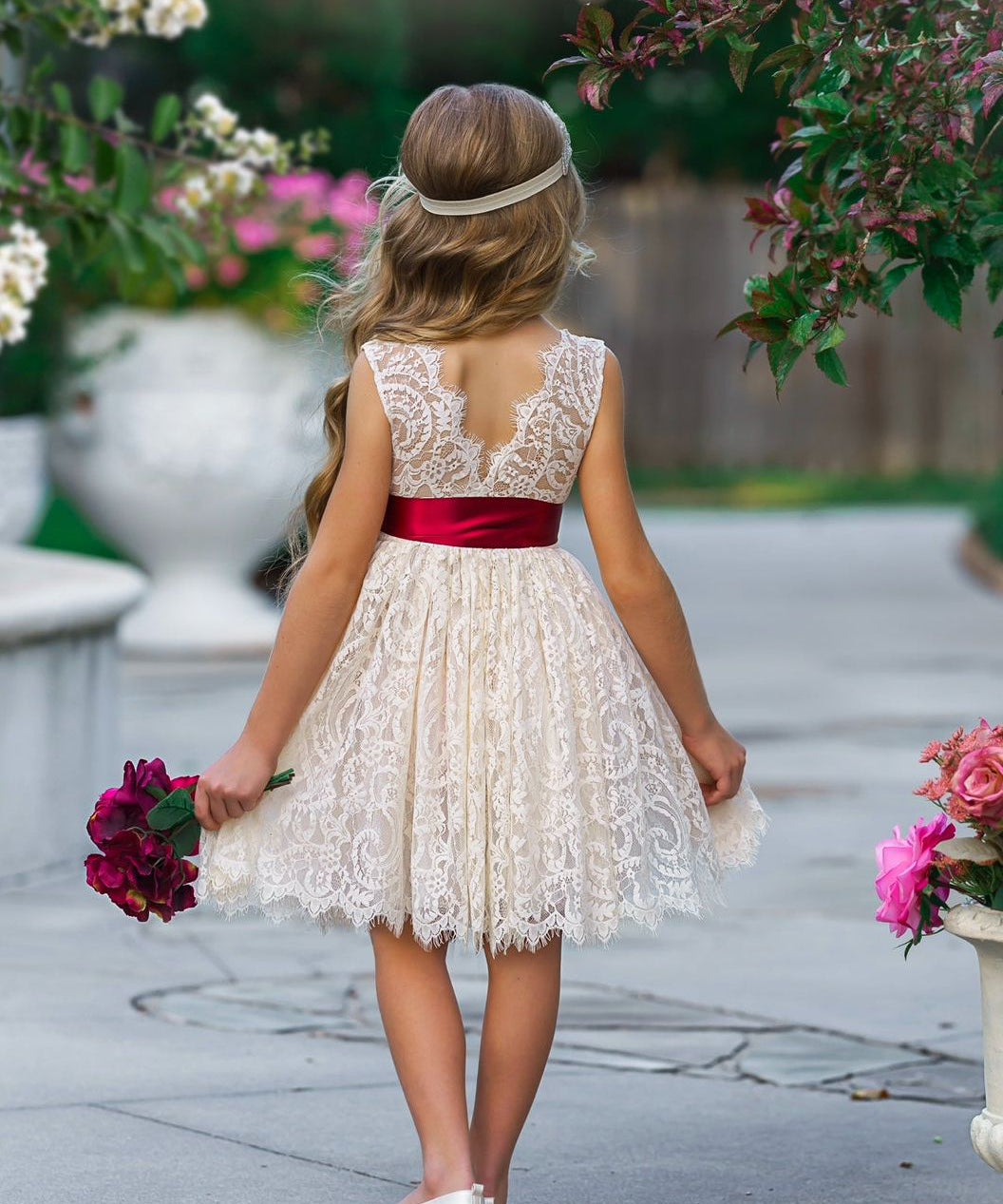 Antique Ivory and Off White Sleeveless Knee Length Lace Flower Girl Dresses - The Little Kitten Boutique