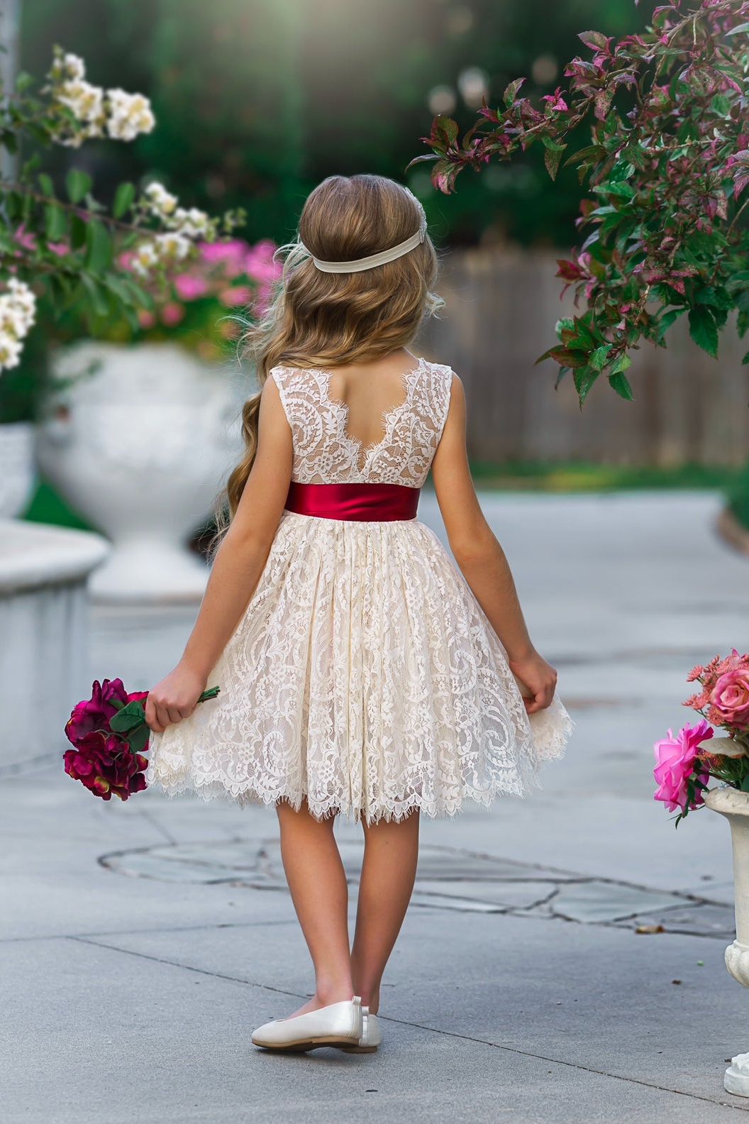 Antique Ivory and Off White Sleeveless Knee Length Lace Flower Girl Dresses - The Little Kitten Boutique