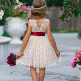 Antique Ivory and Off White Sleeveless Knee Length Lace Flower Girl Dresses - The Little Kitten Boutique