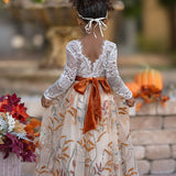 Long Sleeve Lace and floral embroidered Tulle Flower Girl Dress - Champagne