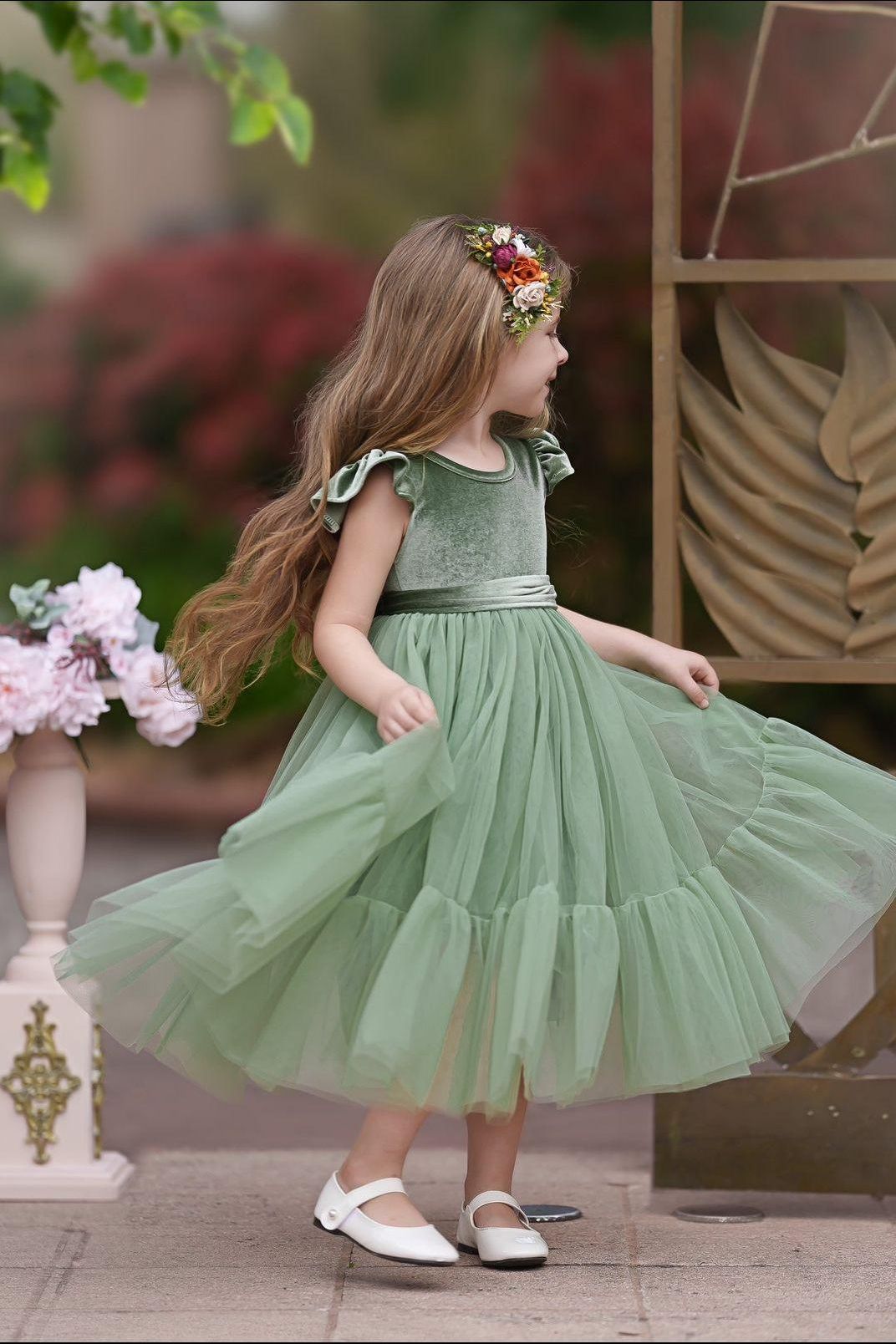 Sage Green Velvet and Tulle Flower Girl Dress - The Little Kitten Boutique