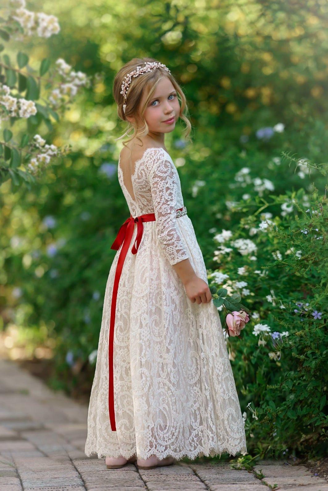 Long Sleeve Lace Flower Girl Dress - The Little Kitten Boutique