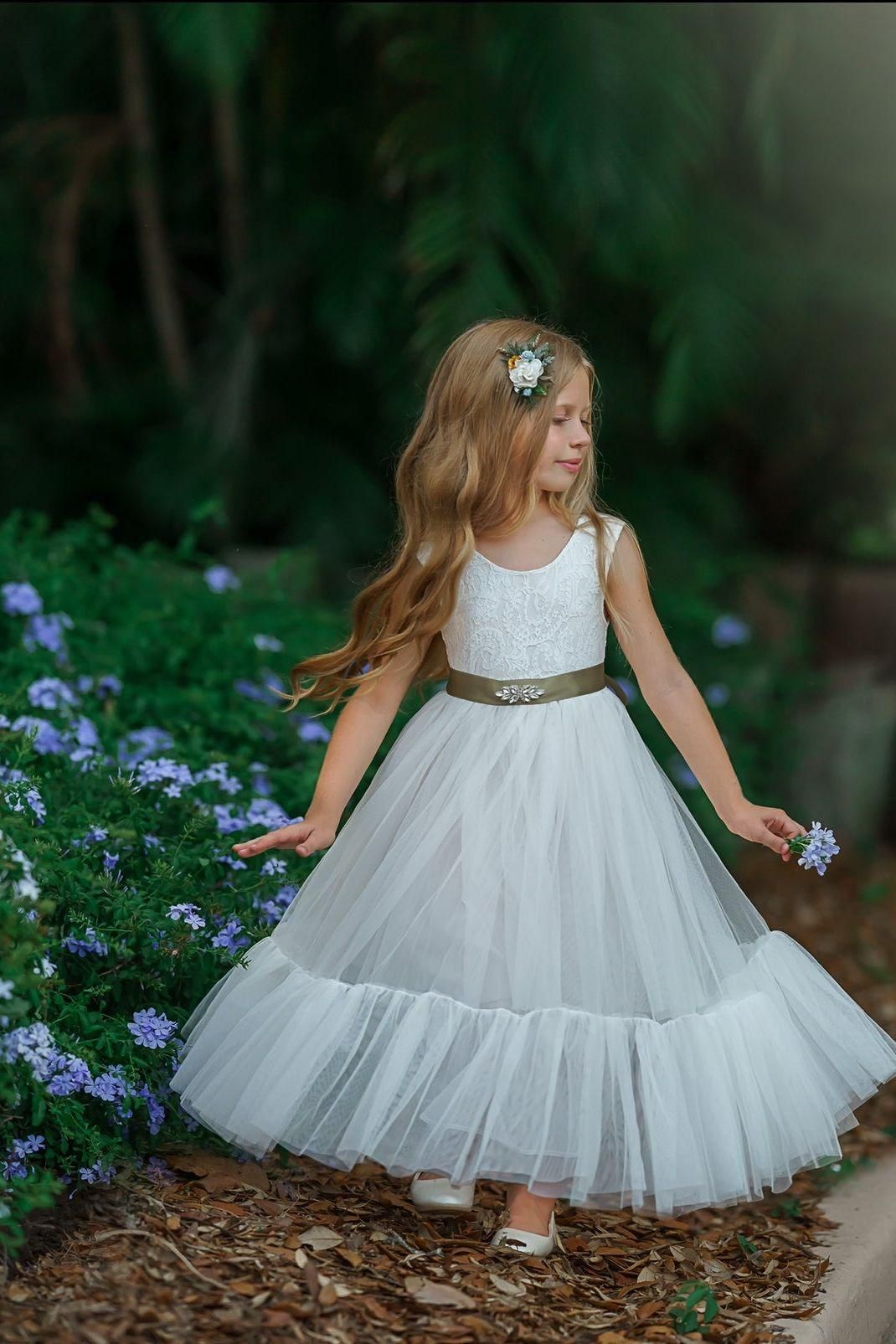 White Sleeveless Lace and Tulle Flower Girl Dress- Mermaid Style Bottom - The Little Kitten Boutique