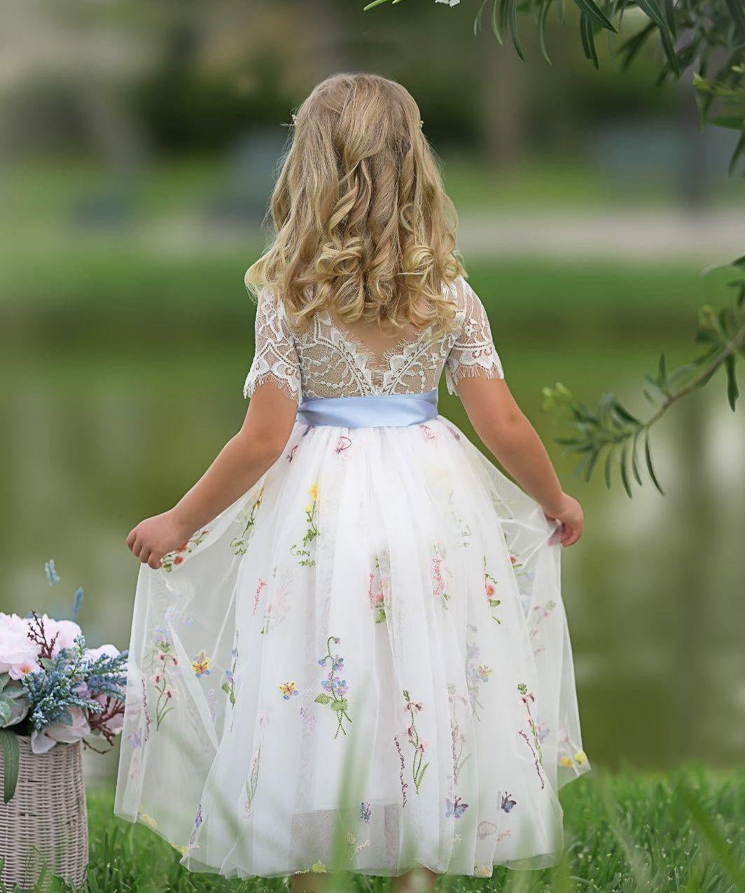 Boho Wildflower Floral Embroidered Flower Girl Dress - White - The Little Kitten Boutique