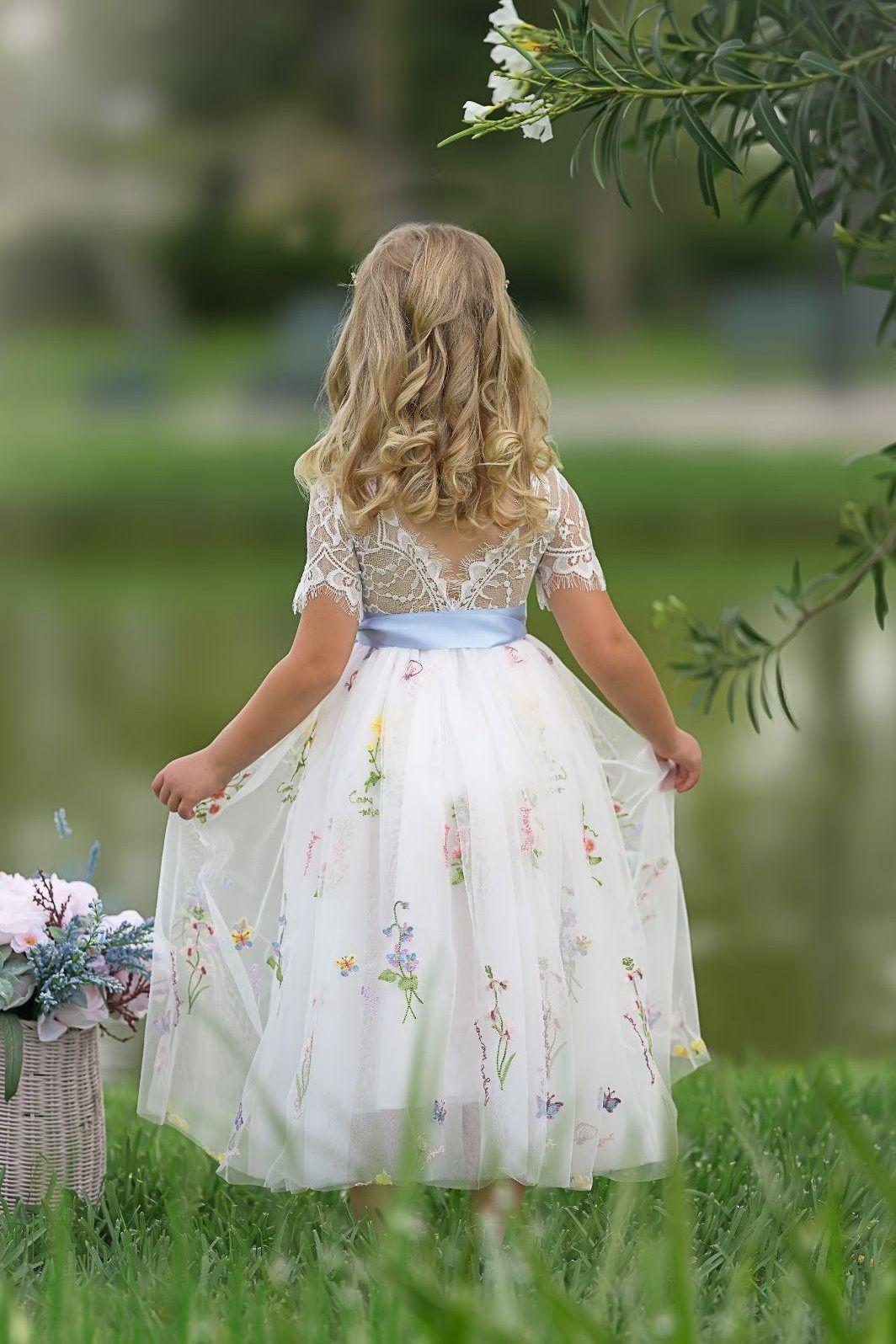 Boho Wildflower Floral Embroidered Flower Girl Dress - White - The Little Kitten Boutique