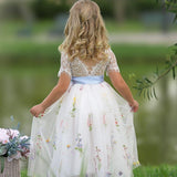 Boho Wildflower Floral Embroidered Flower Girl Dress - White - The Little Kitten Boutique