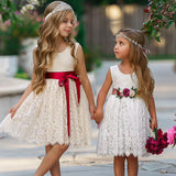 Sleeveless Knee-Length Lace Flower Girl Dress - White or Ivory - The Little Kitten Boutique