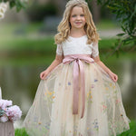 Short sleeve floral embroidered flower girl dresses with champagne tulle. 