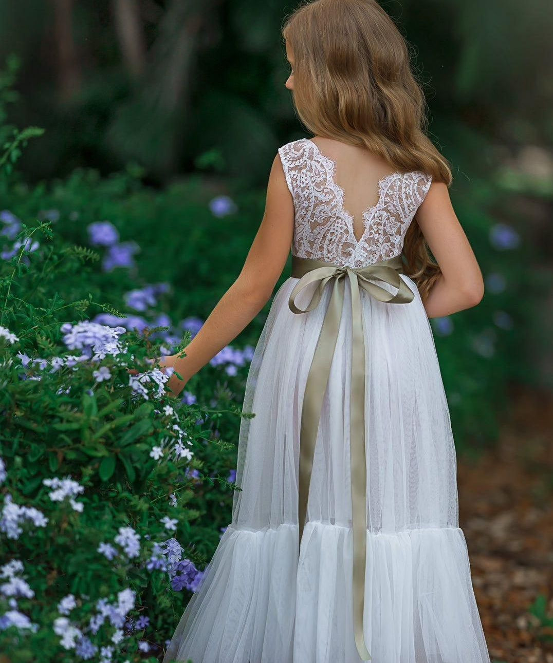 White Sleeveless Lace and Tulle Flower Girl Dress- Mermaid Style Bottom - The Little Kitten Boutique