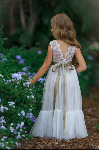 White Sleeveless Lace and Tulle Flower Girl Dress- Mermaid Style Bottom - The Little Kitten Boutique