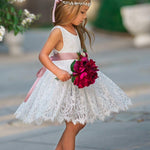 Sleeveless Knee-Length Lace Flower Girl Dress - White or Ivory - The Little Kitten Boutique