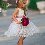 Sleeveless Knee-Length Lace Flower Girl Dress - White or Ivory - The Little Kitten Boutique